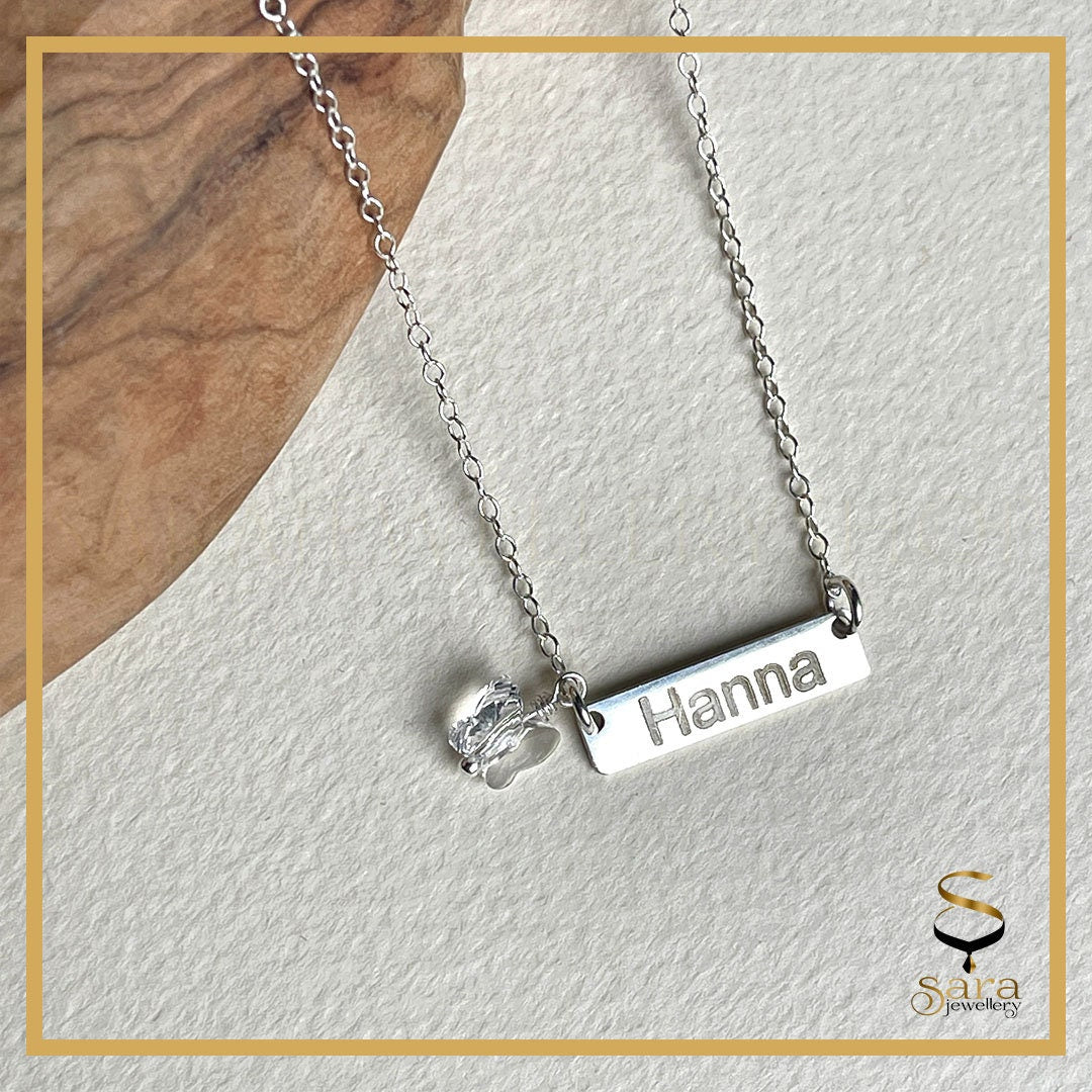 Sterling silver name bar, personalized silver necklace with crystal butterfly charm, minimalist name necklace