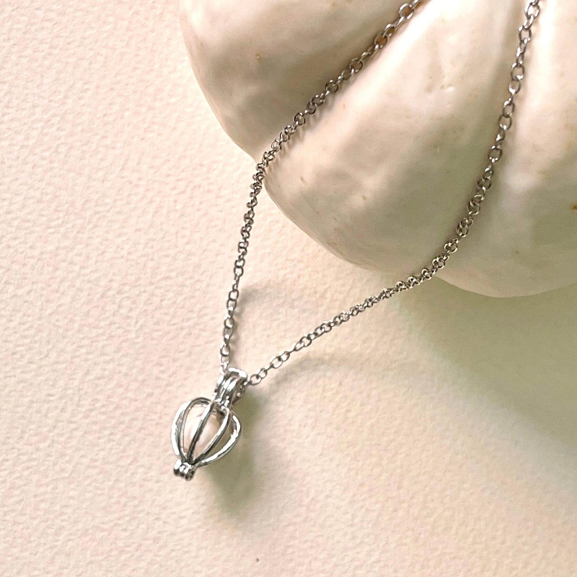 18K Gold Tarnish Resistant, Heart Pearl Cage Necklace In White Gold With Silver Chain, Great For Gifts, Dainty Necklace, Layering Necklace - Sara jewellery shop