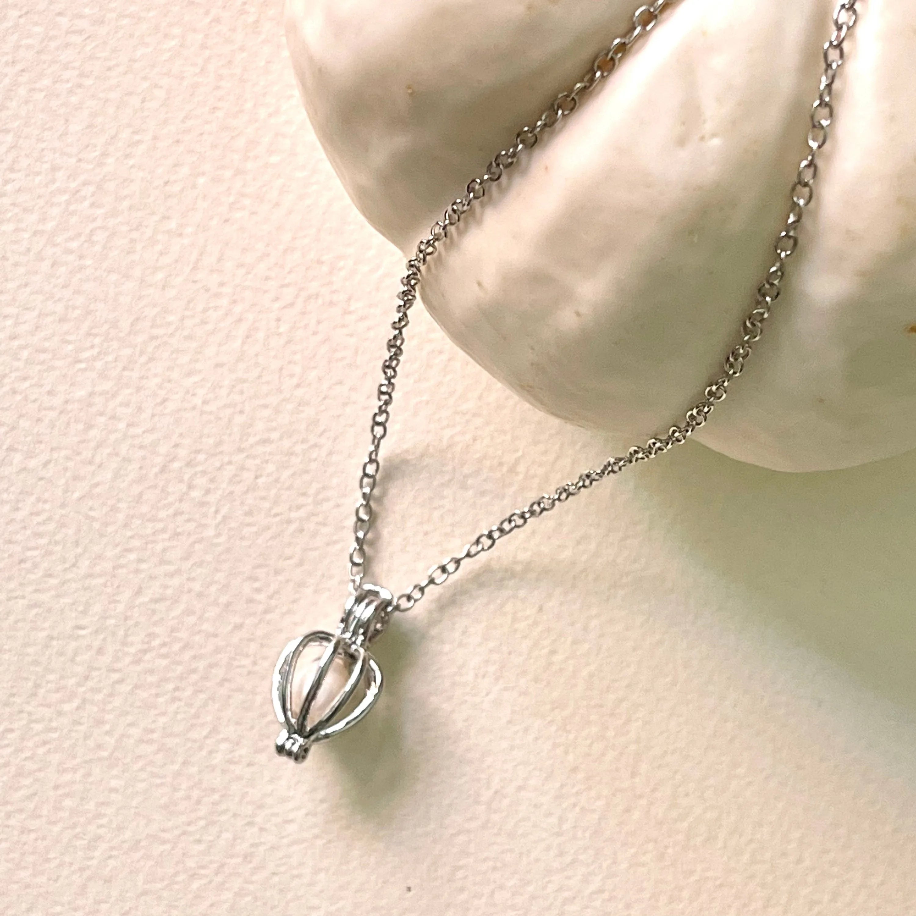 18K Gold Tarnish Resistant, Heart Pearl Cage Necklace In White Gold With Silver Chain, Great For Gifts, Dainty Necklace, Layering Necklace - Sara jewellery shop