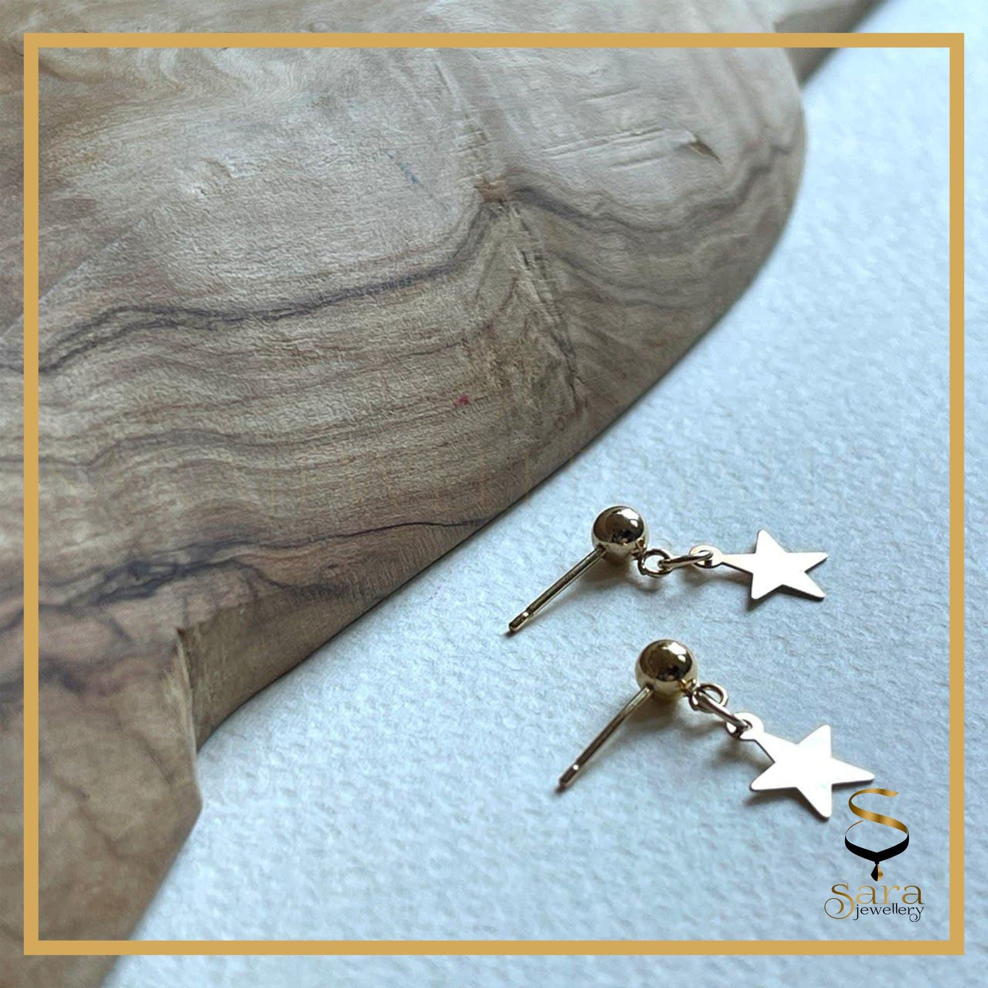 14k Gold Filled Tarnish Resistant Star Dangle Earrings, Gold Dangle Earrings, Mini Earrings 4mm Ball, Tiny star drop charm stud earrings - sjewellery|sara jewellery shop toronto