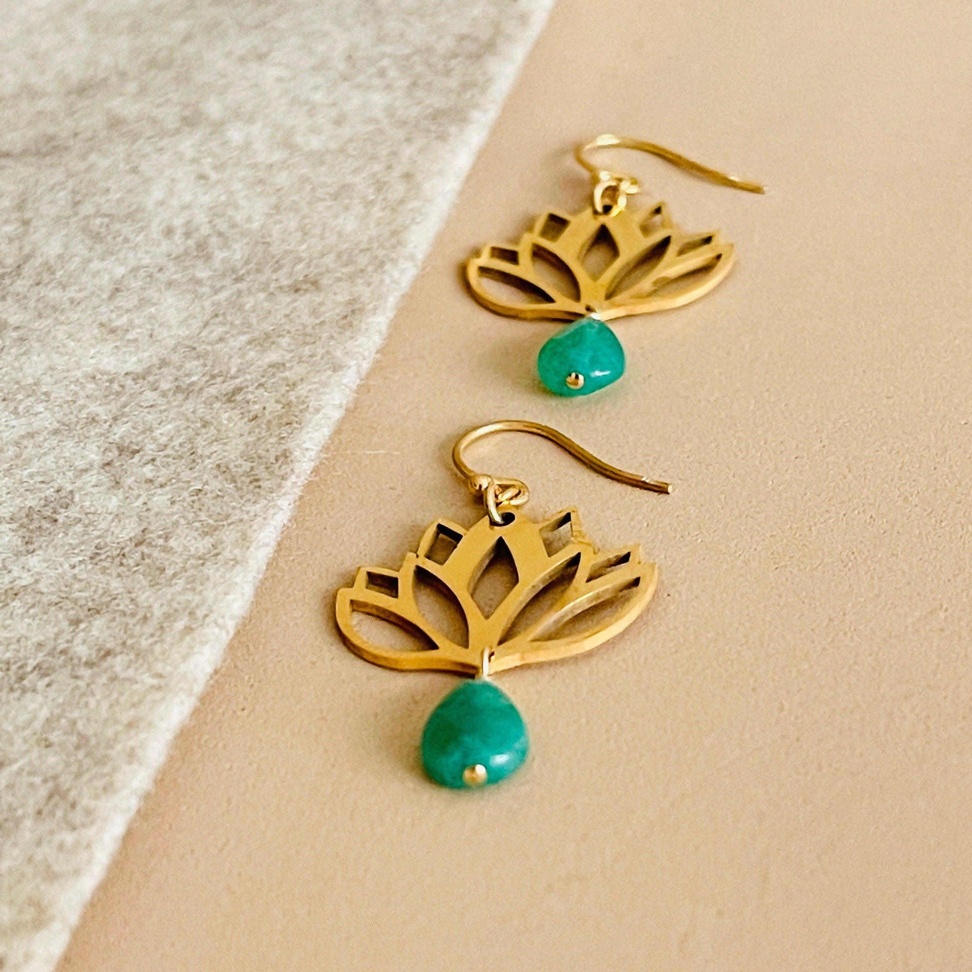 Dainty Gold Lotus Earrings With Jade, Sterling Silver Gold Plated Lotus Earrings, Lovely Lotus earrings For Her, Jade Silver Earrings - sjewellery|sara jewellery shop toronto