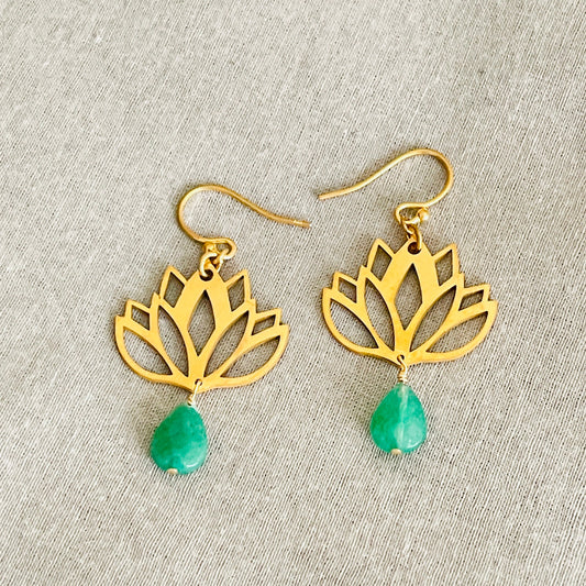 Dainty Gold Lotus Earrings With Jade, Sterling Silver Gold Plated Lotus Earrings, Lovely Lotus earrings For Her, Jade Silver Earrings - sjewellery|sara jewellery shop toronto