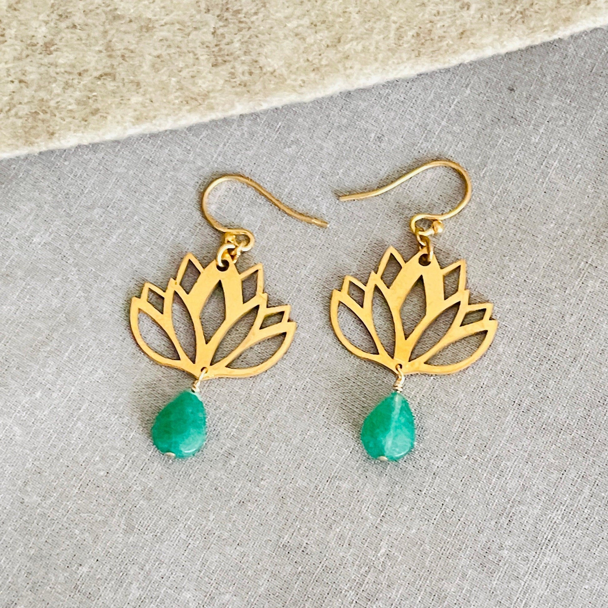 Dainty Gold Lotus Earrings With Jade, Sterling Silver Gold Plated Lotus Earrings, Lovely Lotus earrings For Her, Jade Silver Earrings - sjewellery|sara jewellery shop toronto