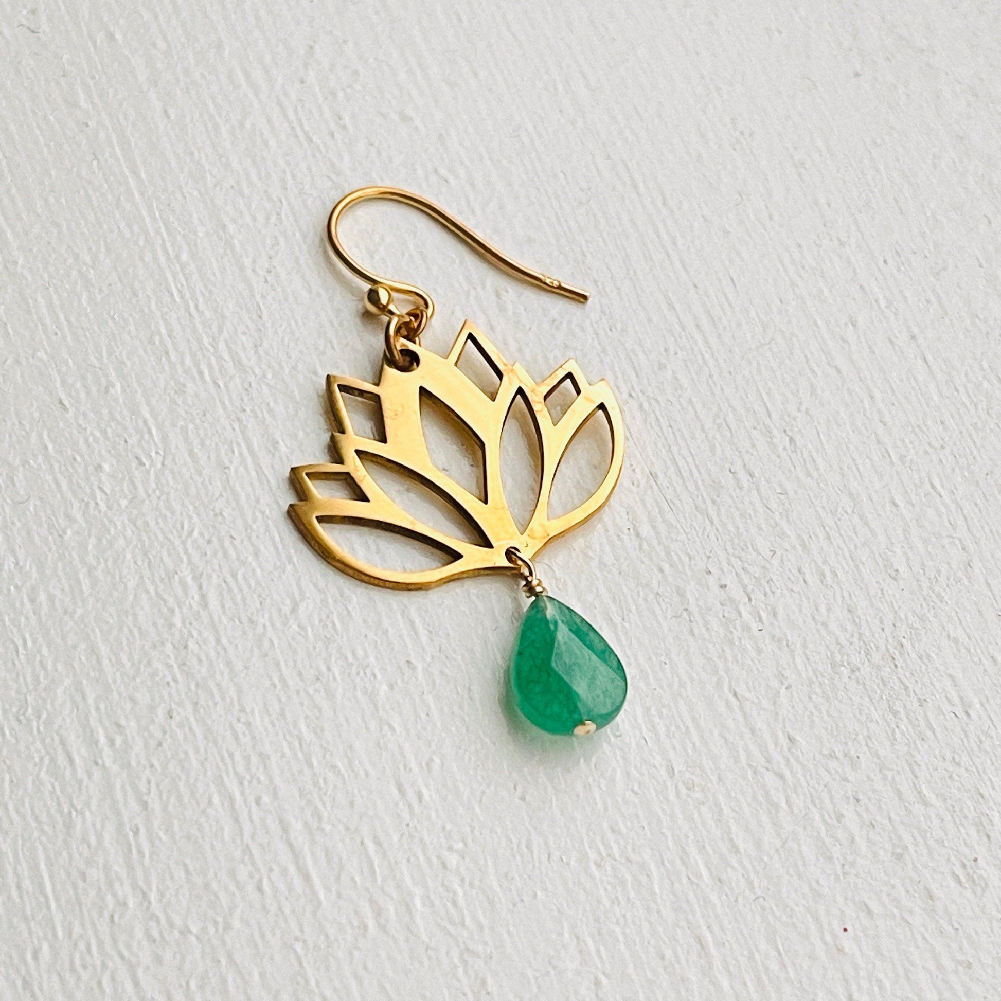 Dainty Gold Lotus Earrings With Jade, Sterling Silver Gold Plated Lotus Earrings, Lovely Lotus earrings For Her, Jade Silver Earrings - sjewellery|sara jewellery shop toronto