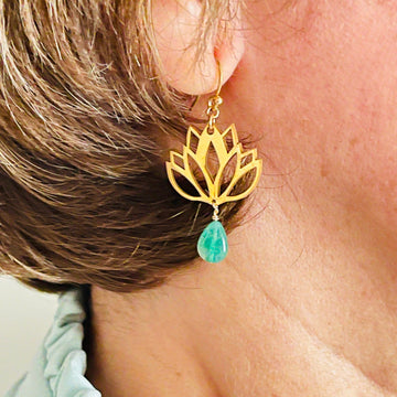 Dainty Gold Lotus Earrings With Jade, Sterling Silver Gold Plated Lotus Earrings, Lovely Lotus earrings For Her, Jade Silver Earrings
