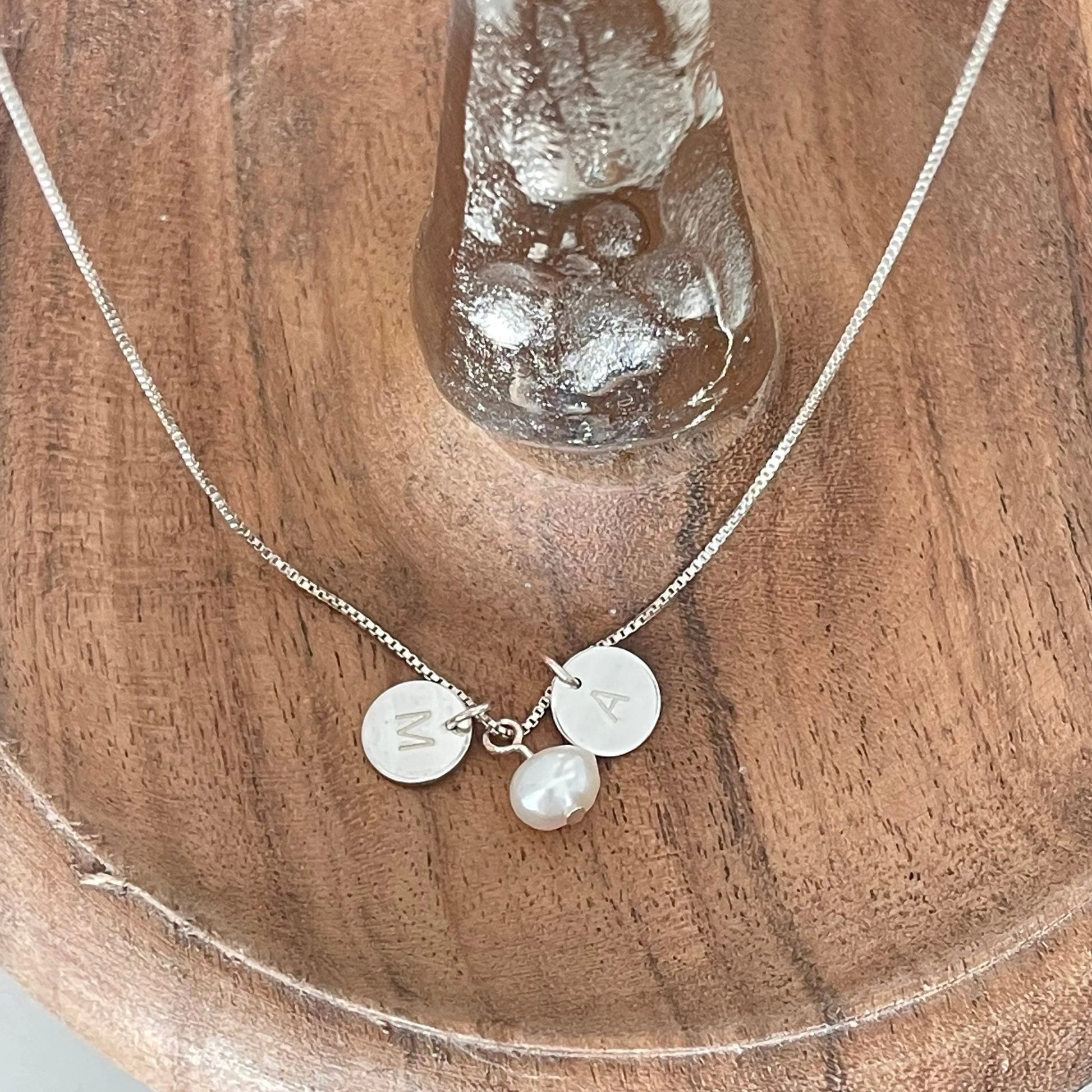 Personalized Sterling silver Initials Necklace With Freshwater Pearl, Custom Initials Disks, Sterling Silver Engraved Discs With Pearl - Sara jewellery shop