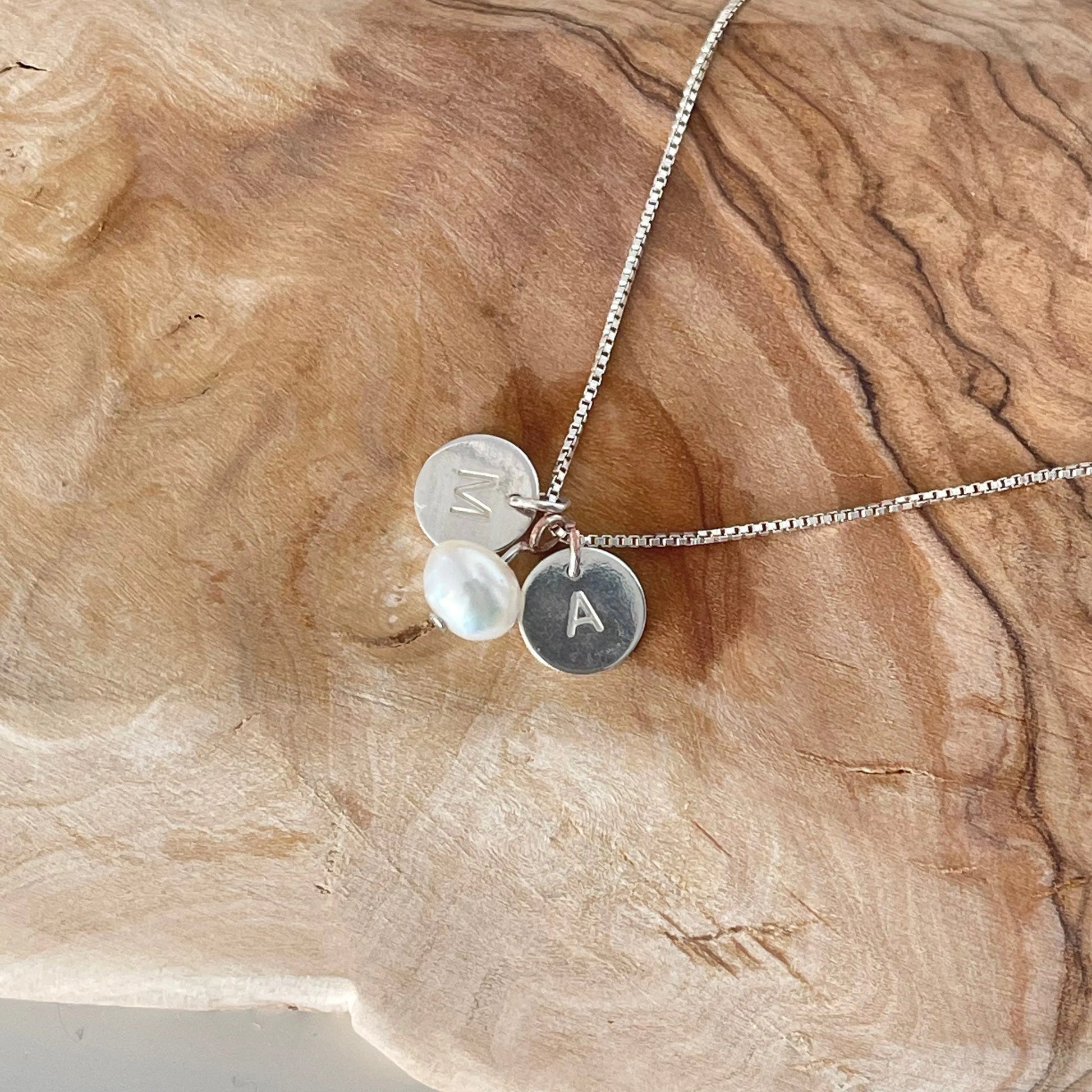 Personalized Sterling silver Initials Necklace With Freshwater Pearl, Custom Initials Disks, Sterling Silver Engraved Discs With Pearl - Sara jewellery shop