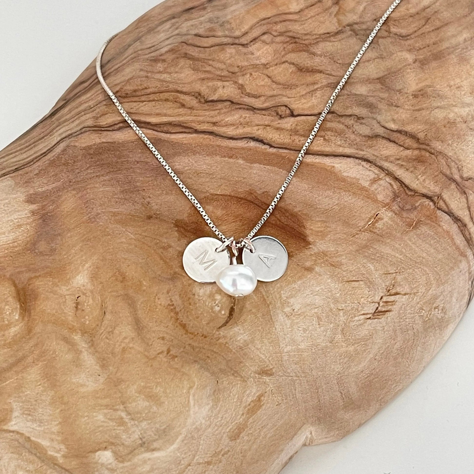 Personalized Sterling silver Initials Necklace With Freshwater Pearl, Custom Initials Disks, Sterling Silver Engraved Discs With Pearl - Sara jewellery shop