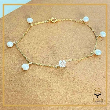 Cordelia Anklet - 14K Gold Filled, Shiny Chain Anklet Freshwater Pearl  with Crystal/ Bracelet | Foot Jewelry - Sara jewellery shop