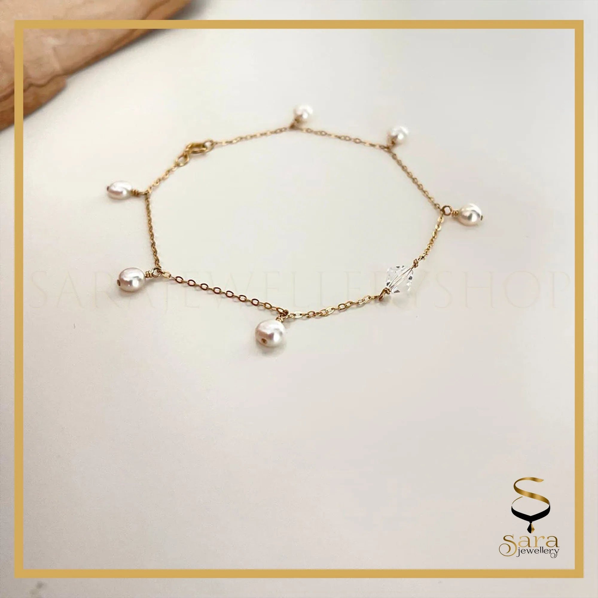 Cordelia Anklet - 14K Gold Filled, Shiny Chain Anklet Freshwater Pearl  with Crystal/ Bracelet | Foot Jewelry - Sara jewellery shop