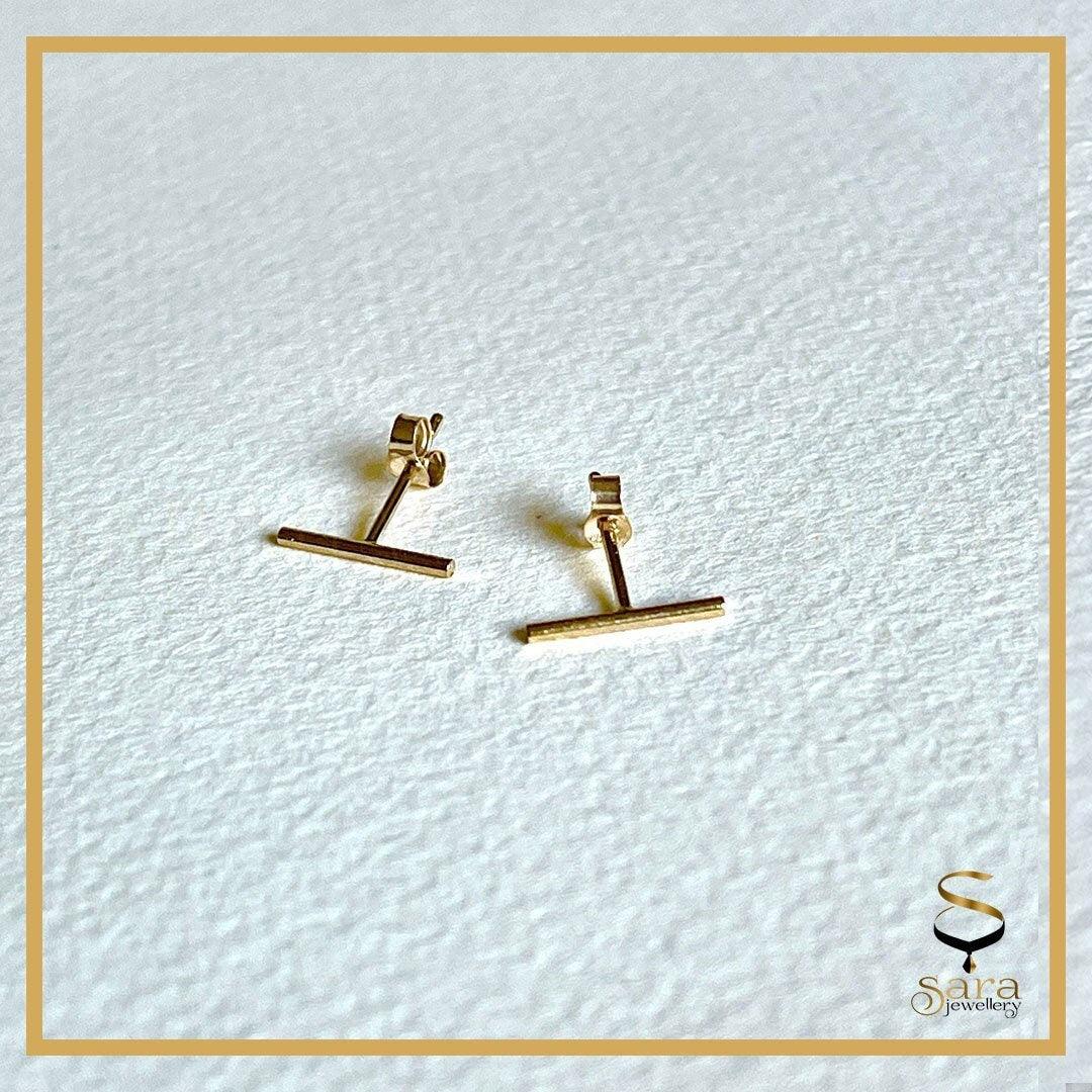 14k Gold Bar Earring, 14K Gold Filled Tarnish Resistant T Bar Stud Earring, Minimalist Bar Earring, Geometric Studs, Tiny Bar Line Stud - sjewellery|sara jewellery shop toronto